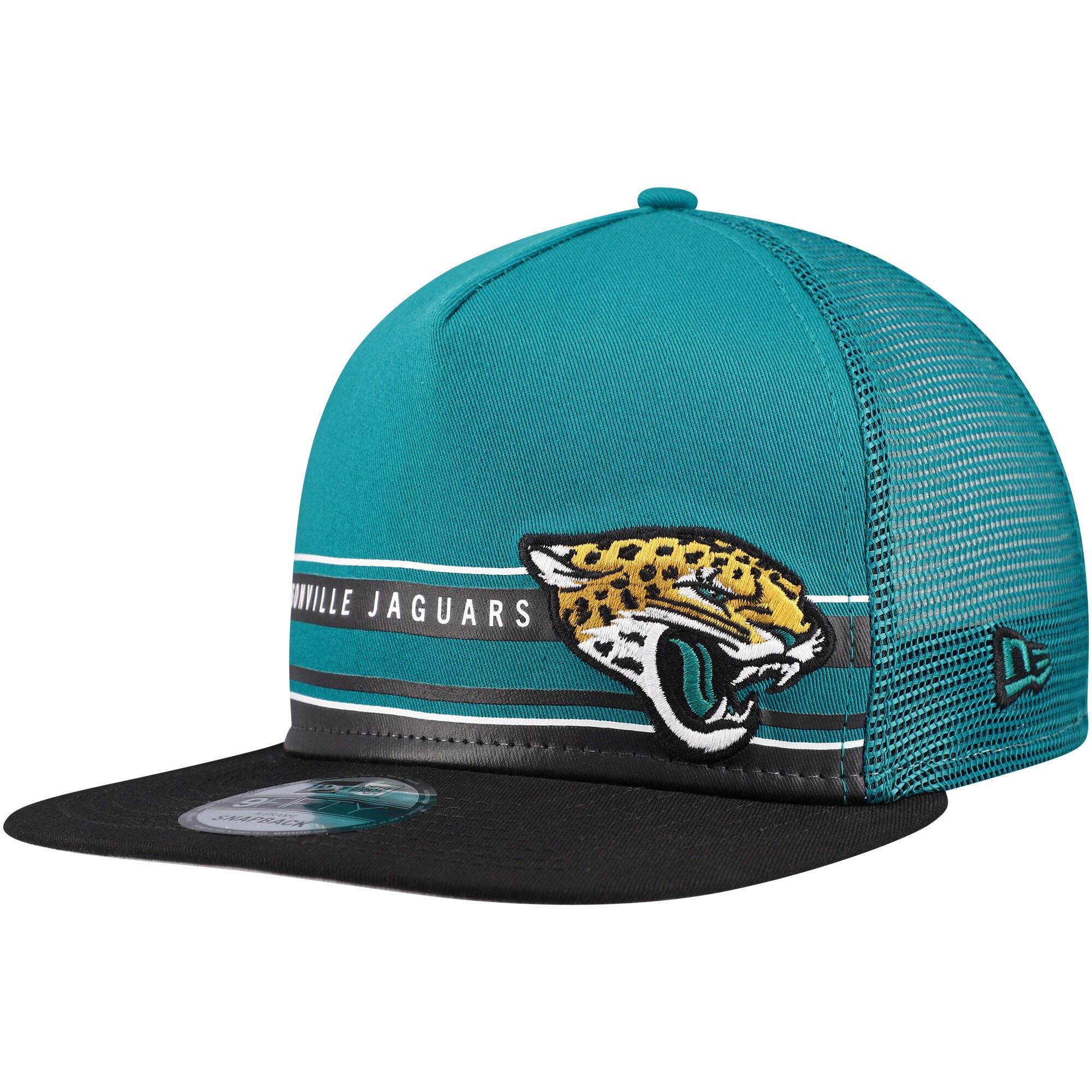 mens new era tealblack jacksonville jaguars half stripe trucker a-frame 9fifty snapback hat Collection – Jacksonville Jaguars Jerseys, Hats & Fan Gear | Jaguars Shop